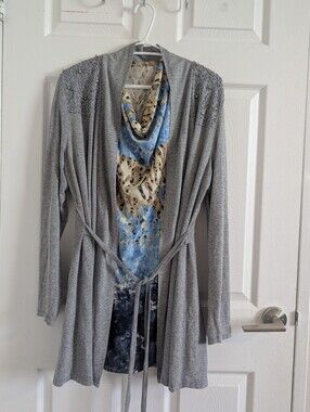2-Pc Twin Set Cardigan & Blouse L XL | Grey Crochet Lace  Boho Chic Lagenlook